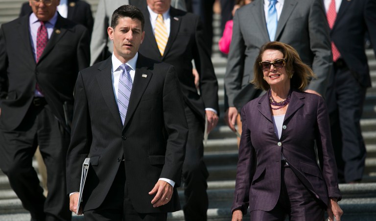 Congress and the White House are headed for a week filled with sharp, partisan disagreements. Above, House Speaker Paul Ryan and House Minority House Leader Nancy Pelosi walk down the steps of the U.S. Capitol. (Graeme Jennings/Washington Examiner)
