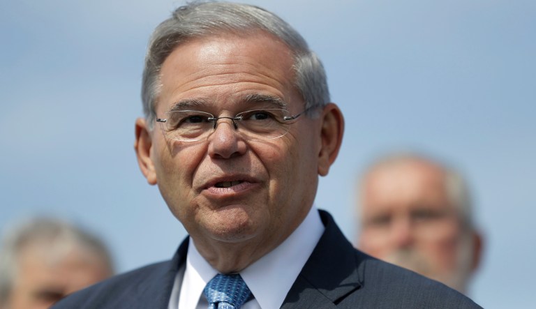 Sen. Bob Menendez, D-N.J., speaks during a news conference, in Union Beach, N.J. Menendez is charged with accepting bribes from Florida eye doctor Salomon Melgen in exchange for lobbying for Melgen's personal and business interests. (AP Photo/Julio Cortez, File)