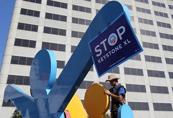 A protester rallies in San Francisco against the Keystone Pipeline project. 