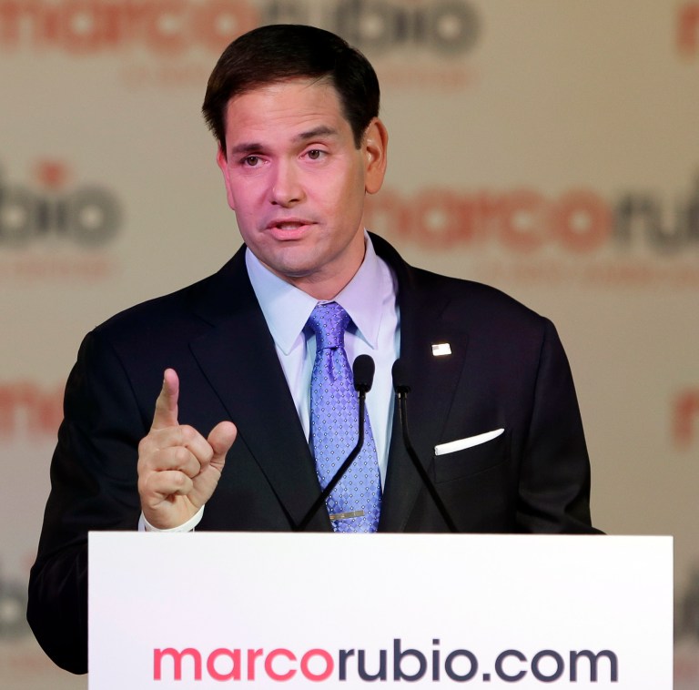 Florida Sen. Marco Rubio gestures as he announces that he is running for the Republican presidential nomination during a rally at the Freedom Tower, Monday, April 13, 2015, in Miami. (AP Photo/Wilfredo Lee)