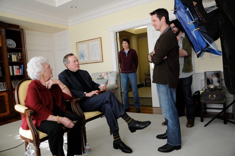   This image released by HBO shows former first lady Barbara Bush, from left, former President George H. W. Bush, Kris Conde, Stephen Glidden, Jeffrey Roth during the filming of 