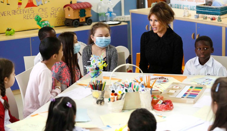 First Lady Melania Trump talks to children during her visit to the pediatric hospital Bambin Gesu' at the Vatican, Wednesday, May 24, 2017. President Donald Trump and Pope Francis, two leaders with contrasting styles and differing worldviews, met at the Vatican City on Wednesday, setting aside their previous clashes to broadcast a tone of peace for an audience around the globe. (Remo Casilli/Pool Photo via AP)
