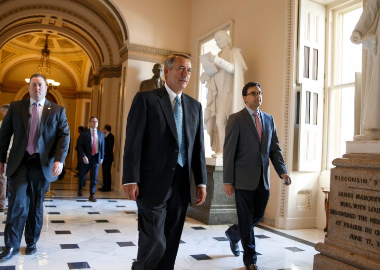 House Speaker John Boehner of Ohio leaves the House chamber on Capitol Hill in Washington, Friday, Feb. 27, 2015. (AP Photo/J. Scott Applewhite)
