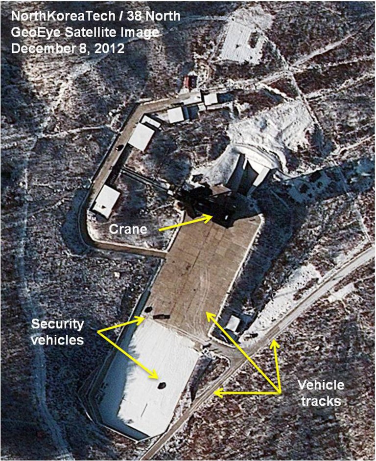   This Saturday Dec. 8, 2012 satellite image provided by GeoEye and annotated by 38 North, shows recent activity at the Sohae rocket launching facility in Cholsan County, North Pyongan Province, North Korea. An analysis written for 38 North, the website of the U.S.-Korean Institute at John Hopkins Advanced International Studies, predicted it's likely to take until Dec. 12-13 to remove the Unha-3 rocket and more than a week to repair it, meaning a launch is unlikely before Dec. 21-22. (AP Photo/GeoEye, 38 North, North Korea Tech)  