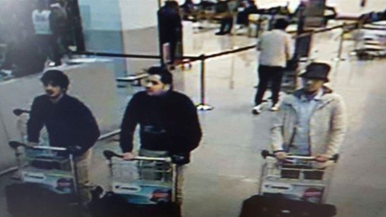 Belgian Federal Prosecutor Frederic Van Leeuw identified the two brothers Ibrahim El Bakraoui, 29, and Khalid El Bakraoui, 27, (both in black) as the masterminds behind the attacks. According to Belgian authorities, they are still searching for a third unidentified suspect, originally thought to be the arrested Najim Laachraoui. (Belgian Federal Police via AP)