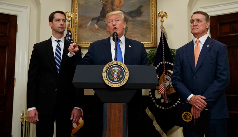 President Trump, flanked by Sen. Tom Cotton, R- Ark., left, and Sen. David Perdue, R-Ga., unveils a legislation that would place new limits on legal immigration. (AP Photo/Evan Vucci)