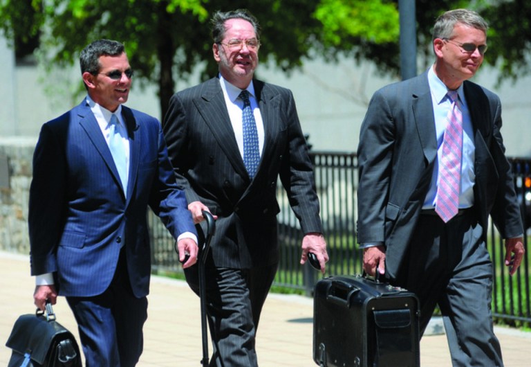 Presidential memorabilia collector Barry Landau, center, arrives at federal court for his sentencing hearing in Baltimore Wednesday, June 27, 2012. He pleaded guilty in February to stealing thousands of documents from historical societies and libraries nationwide. (AP Photo/Steve Ruark)