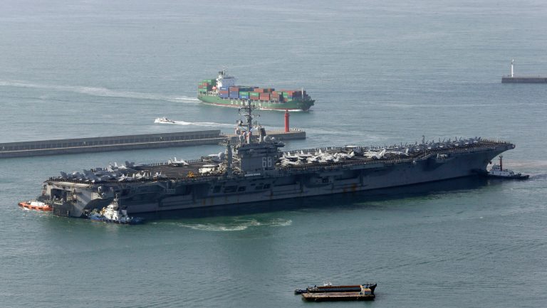 Trump said a week ago that the U.S. was sending a powerful —œarmada—? toward North Korea, and Spicer said that was still happening. (AP Photo/Lee Jin-man)