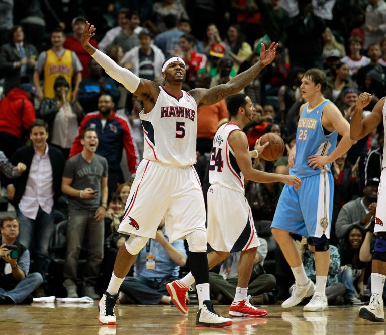   Atlanta Hawks small forward Josh Smith (5) reacts after scoring and being fouled in the final seconds of an NBA basketball game against the Denver Nuggets, Wednesday, Dec. 5, 2012, in ATlanta. Atlanta won 108-104. (AP Photo/John Bazemore)  