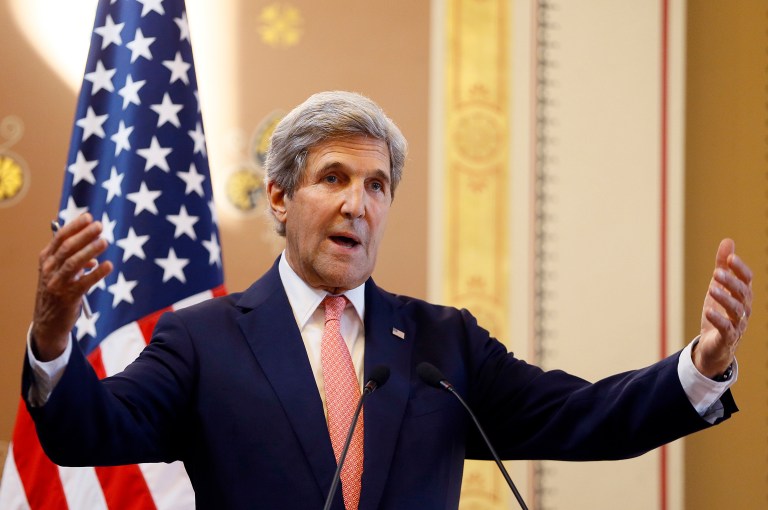 U.S. Secretary of State John Kerry said the U.S.-led coalition against the Islamic State — or Daesh, as Kerry prefers — is already ahead of schedule in the effort to retake Mosul from the terrorist group. (AP Photo/Kirsty Wigglesworth, pool)