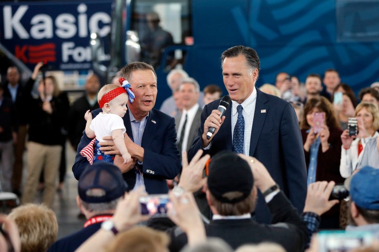 Mitt Romney did not offer an endorsement of the governor's presidential bid writ large, but Romney touted his support for John Kasich in Ohio. (AP Photo/Matt Rourke)