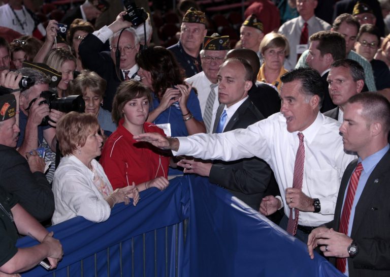 Republican presidential candidate, former Massachusetts Gov. Mitt Romney waves  to members of the Veterans of Foreign Wars after his speech at the VFW national convention in Reno, Nev. Tuesday July 24, 2012.(AP Photo/Rich Pedroncelli)