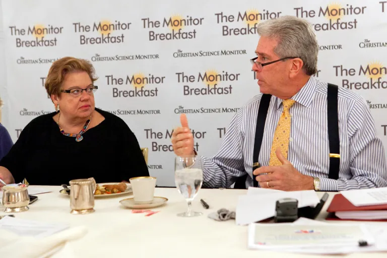 Democratic pollster Celinda Lake and GOP pollster Ed Goeas release the George Washington University Battleground Poll.ÃÂ Michael Bonfigli/The Christian Science Monitor.