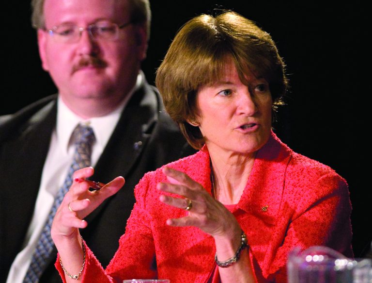 FILE - In this July 28, 2009 file photo, former astronaut Dr. Sally Ride, with Jeffrey Greason in the background, comments during a public meeting of the Review of U.S. Human Space Flight Plans Committee, in League City, Texas. Ride, the first American woman in space, died Monday, July 23, 2012 after a 17-month battle with pancreatic cancer. She was 61. (AP Photo/Houston Chronicle, Brett Coomer, File) MANDATORY CREDIT AP PHOTO/HOUSTON CHRONICLE, BRETT COOMER.