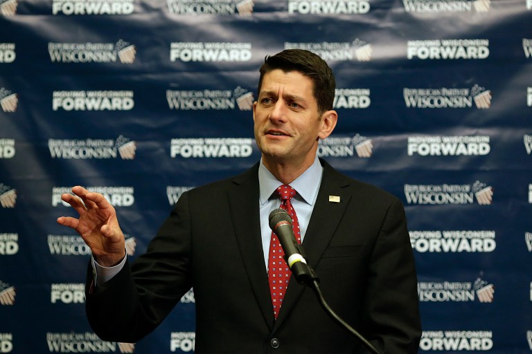 House Speaker Paul Ryan said he's happy with an online poll showing voters trust Donald Trump over him to lead the Republican Party. (Evan Siegle /The Green Bay Press-Gazette via AP)