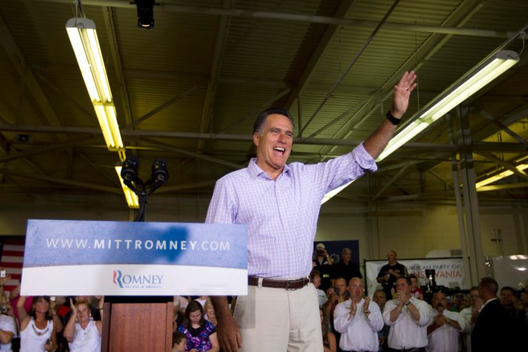 Republican presidential candidate, former Massachusetts Gov. Mitt Romney gestures during a campaign event at Horizontal Wireline Services on Tuesday, July 17, 2012 in Irwin, Pa.  (AP Photo/Evan Vucci)