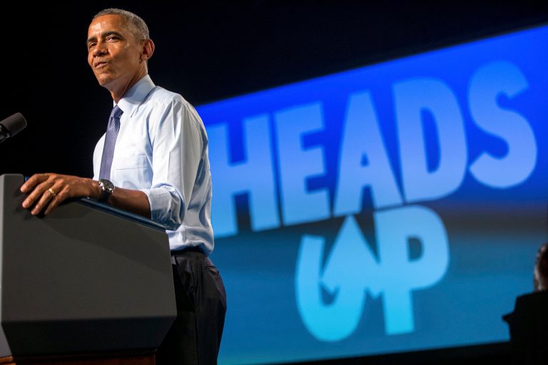 President Obama makes a face as he speaks about his daughter Malia Obama beginning her senior year in high school. On Wednesday, Sept. 9, 2015, in Warren, Mich., Obama announced new steps to expand apprenticeships and a push to make community college free for responsible students. (AP Photo/Andrew Harnik)