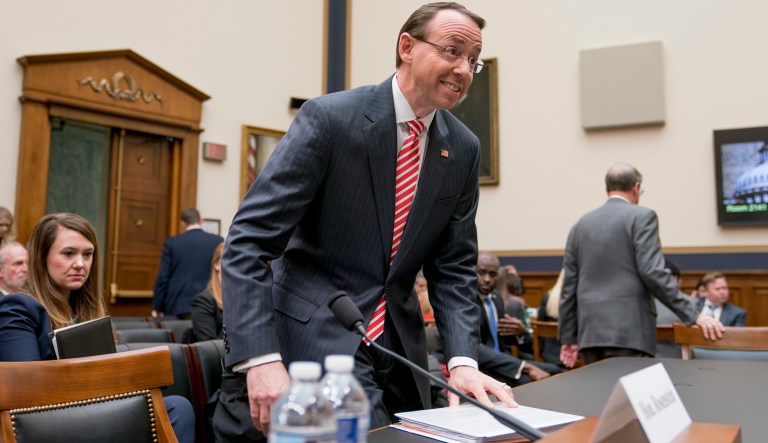 Deputy Attorney General Rod Rosenstein arrives to testify before a House Committee on the Judiciary oversight hearing on Capitol Hill, Wednesday, Dec. 13, 2017 in Washington. (AP Photo/Andrew Harnik)