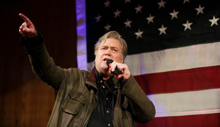 Former White House chief strategist Steve Bannon thinks NFL players should be kneeling to thank God that Donald Trump is president. (AP Photo/Brynn Anderson)