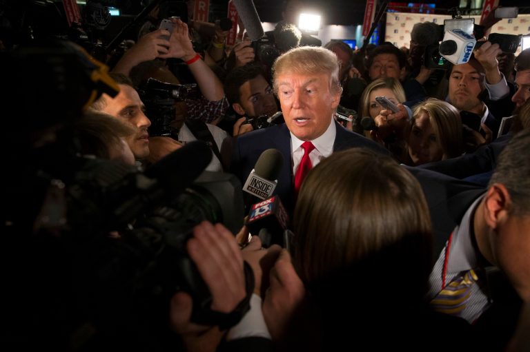Republican presidential candidate Donald Trump speaks to the media after the first Republican presidential debate at the Quicken Loans Arena Thursday, Aug. 6, 2015, in Cleveland. (AP Photo/John Minchillo)