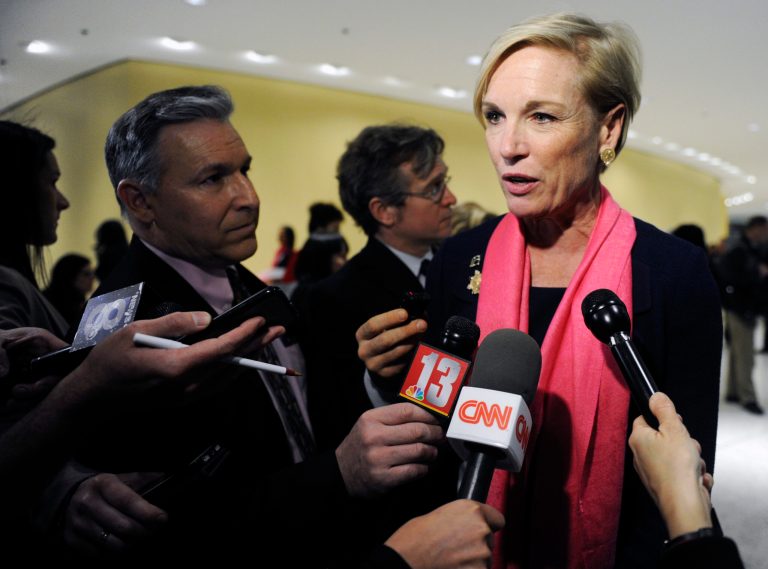 Cecile Richards, President of the Planned Parenthood Federation of America, talks with reporters during the Family Planning Advocates' 2017 Day of Action Rally on Monday, Jan. 30, 2017, in Albany, N.Y. (AP Photo/Hans Pennink)