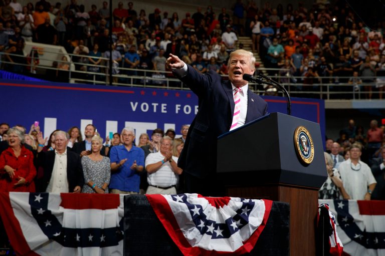 President Donald Trump speaks during a campaign rally for Senate candidate Luther Strange, Friday, Sept. 22, 2017, in Huntsville, Ala. (AP Photo/Evan Vucci)