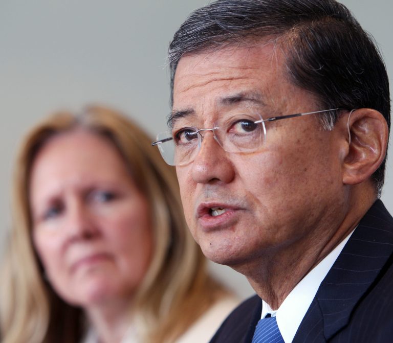 Two Republican senators pressed Veterans Affairs Secretary Eric Shinseki, right, about the 188 employees who work on âofficial timeâ on behalf of unions. (AP Photo/Jim Cole)