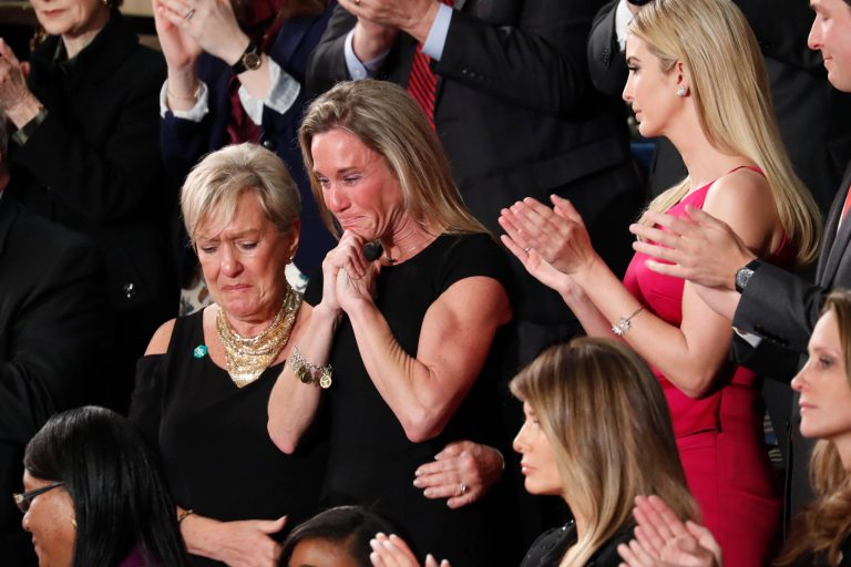 An emotional Carryn Owens, widow of widow of Chief Special Warfare Operator William 