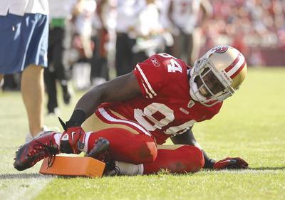 Ezra Shaw/Getty Images
Receiver Josh Morgan is continuing his rehab after injuring his ankle in October.