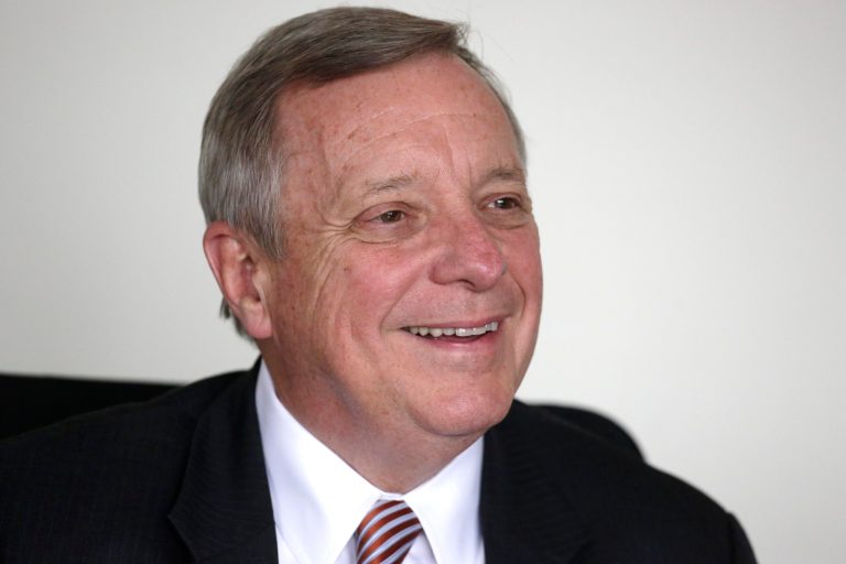 FILE - In this Sept. 12, 2014 file photo, U.S. Sen. Dick Durbin D-Ill., answers questions during an interview with The Associated Press in Chicago. Durbin is running for re-election against Illinois State Sen. Jim Oberweis R-Sugar Grove in the November general election.  (AP Photo/M. Spencer Green, File)