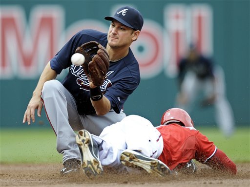 Atlanta Braves shortstop Paul Janish makes a catch for an out as Washington Nationals' Danny Espinosa slides into second base during the second inning of their baseball game in Washington, Sunday, July 22, 2012. The Nationals won 9-2. (AP Photo/Cliff Owen)