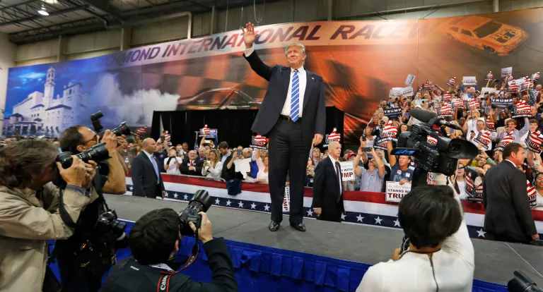 Republican presidential candidate Donald Trump accused the media of refusing to show the turnout at his campaign events, often in the thousands, because they don't want to reveal the support he's receiving.Â (AP Photo/Steve Helber)