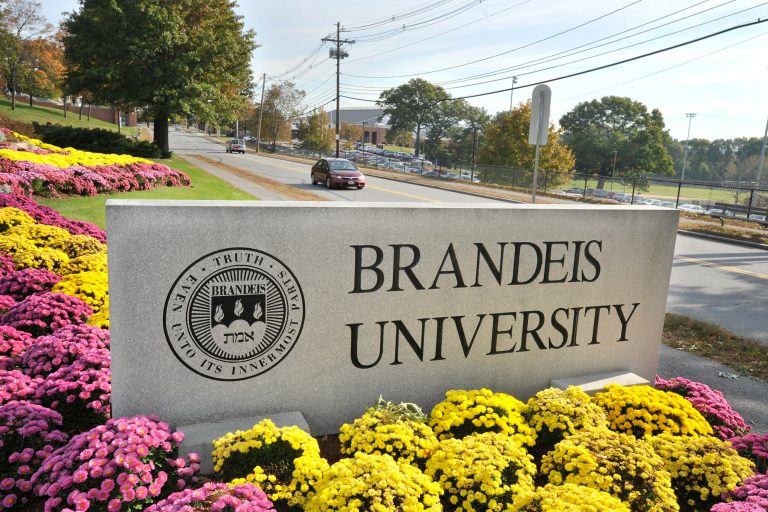 A sign marks the entrance of Brandeis University in Waltham, Mass. (AP/Josh Reynolds)