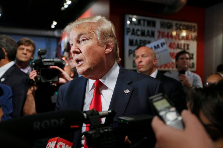 Â In this Saturday, Aug. 29, 2015, file photo, Republican presidential candidate Donald Trump answers questions from reporters at the National Federation of Republican Assemblies in Nashville, Tenn. (AP Photo/Mark Humphrey, File)