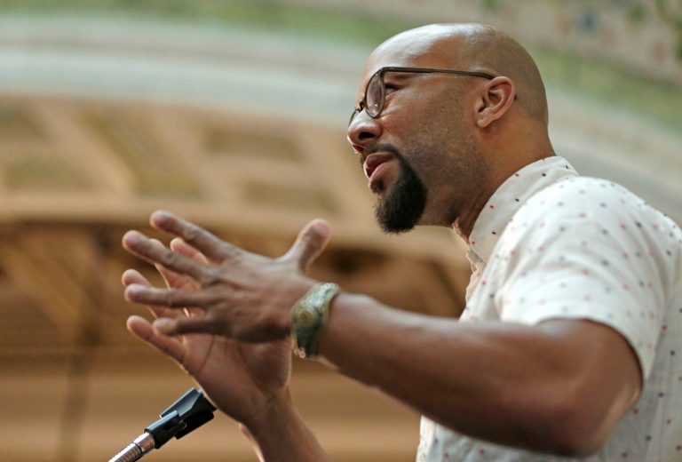 Rapper Common and Rep. Hakeem Jeffries spoke at the event. (AP Photo/M. Spencer Green)