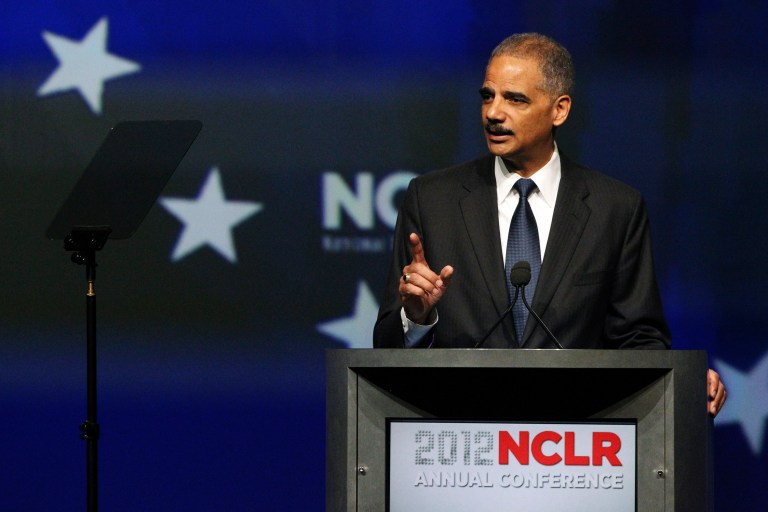 Attorney General Eric Holder delivers the keynote address during the National Council of La Raza affiliate luncheon as part of the NCLR annual conference at the Mandalay Bay convention center in Las Vegas, Saturday, July 7. (AP Photo/Las Vegas Review-Journal, K.M. Cannon)