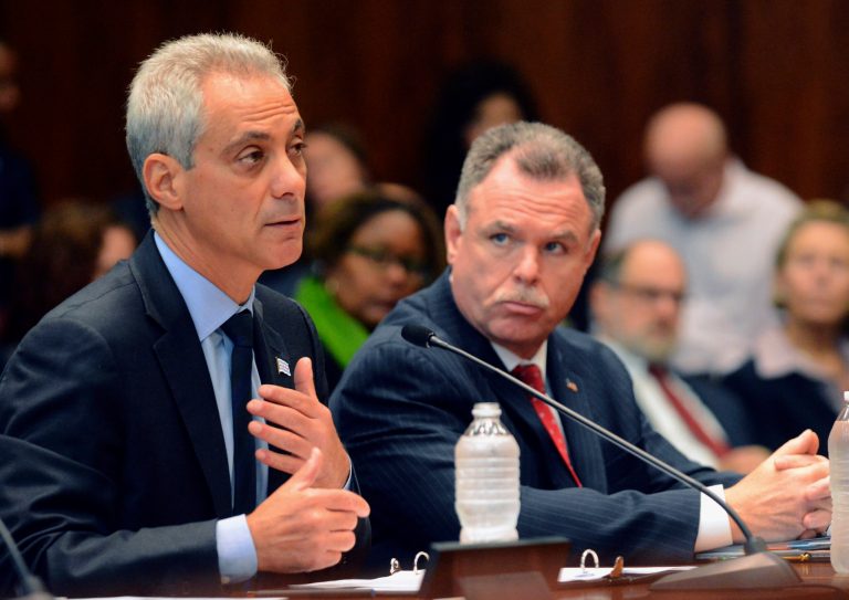 Chicago Mayor Rahm Emanuel speaks before the House-Senate Joint Criminal Reform Committee in Chicago, Tuesday, Sept. 23, 2014. Emanuel asked state legislators to make possession of less than 1 gram of any controlled substance a misdemeanor in Illinois and possession of less than 15 grams of marijuana a ticketable offense. Looking on at right is Chicago Police Superintendent Garry McCarthy. (AP Photo/Sun-Times Media, Brian Jackson)  MANDATORY CREDIT, MAGS OUT, NO SALES