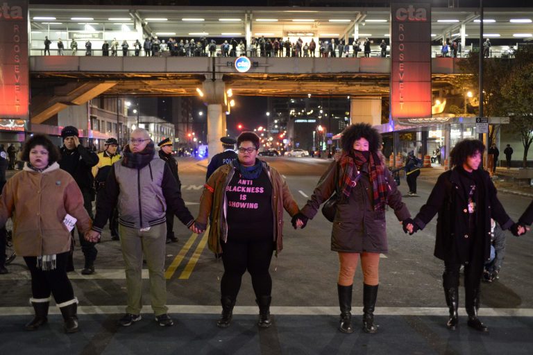 Hundreds of protestors gathered for the mostly peaceful demonstrations in Chicago that continued into Wednesday. (AP Photo/Paul Beaty)