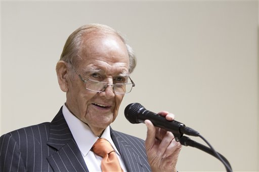 In this photo from July 24, 2010, former U.S. senator George McGovern speaks in Columbus, Neb. McGovern, whose anti-Vietnam War stance in his 1972 presidential race against Richard Nixon led to one of the worst electoral defeats in U.S. history, died on Sunday, Oct. 21, 2012, at the age of 90. (AP Photo/Nati Harnik)