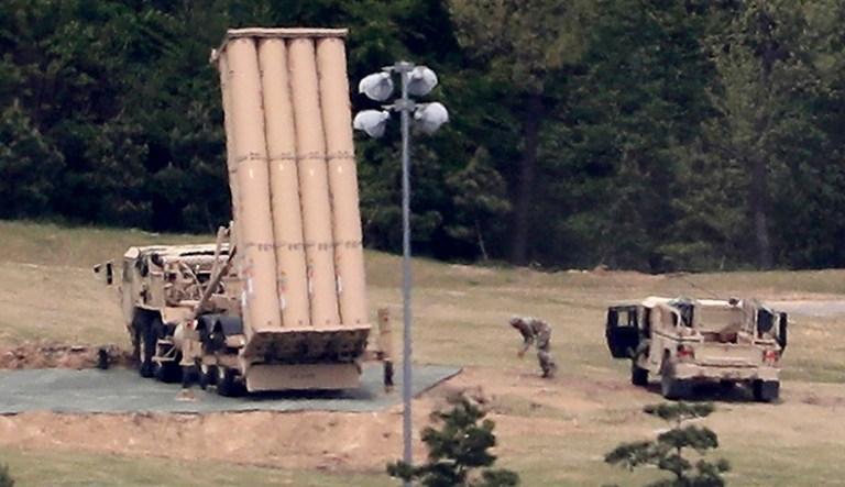 A U.S. missile defense system called Terminal High Altitude Area Defense, or THAAD, is installed at a golf course in Seongju, South Korea. The contentious U.S. anti-missile system in southeastern South Korea is now operating and can now defend against North Korean missiles, a South Korean official said Tuesday. (Kim Jun-beom/Yonhap via AP)