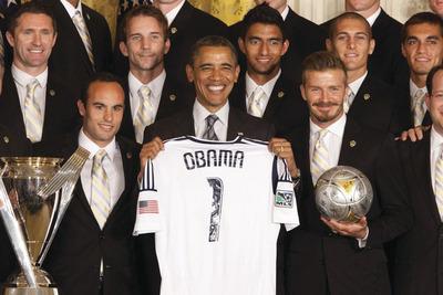 Graeme Jennings/ExaminerPresident Obama holds up an L.A. Galaxy jersey during a ceremony honoring the 2011 MLS champions at the White House.