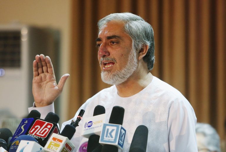 Afghan presidential candidate Abdullah Abdullah speaks during a press conference at his residence in Kabul, Afghanistan, Sunday, July 6, 2014. The country's election crisis deepened Sunday as the two presidential candidates, Abdullah and Ashraf Ghani Ahmadzai, sparred over the release of preliminary results and calls mounted for a broader investigation of suspect ballots amid allegations of massive fraud. Abdullah, who garnered the most votes in the first round of voting on April 5 but failed to get the majority needed to win outright, has boycotted the electoral institutions after alleging widespread ballot box stuffing and other efforts to rig the June 14 runoff vote against him. (AP Photo/Rahmat Gul)