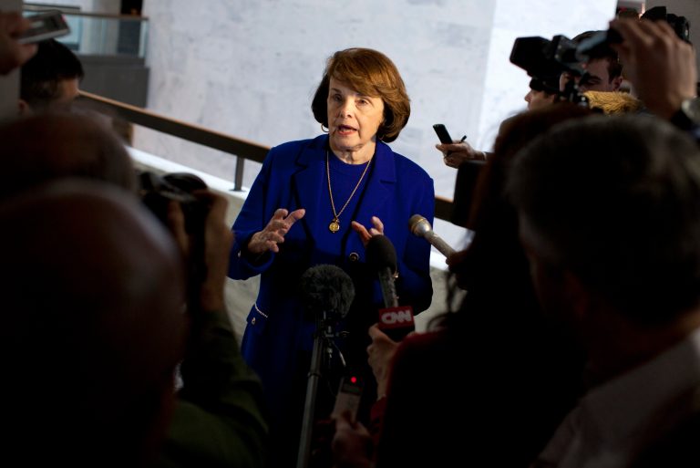 Senate Intelligence Committee Chair Sen. Dianne Feinstein, D-Calif. speaks with reporters on Capitol Hill in Washington, Tuesday, March 5, 2013, after a closed-door committee vote on CIA director nominee John Brennan. The committee voted Tuesday to approve President Barack Obama's pick to lead the CIA after winning a behind-the-scenes battle with the White House over access to a series of top-secret legal opinions that justify the use of lethal drone strikes against terror suspects, including American citizens. (AP Photo/Evan Vucci)