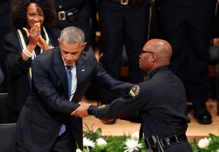 At a funeral service in Dallas July 12 both George W. Bush and Barack Obama delivered excellent speeches — until Obama went on at greater length to suggest once again that black men are being gunned down by racist police and that this problem could be solved somehow by gun control legislation. (AP Photo/Eric Gay)