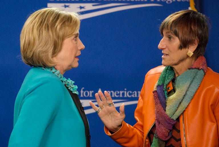 Rep. Rosa DeLauro, D-Conn., right, endorsed Clinton's presidential bid in April. When asked by reporters asked if Clinton should not be the nominee unless she opposes the trade deal, DeLauro declined to go that far. (AP Photo)