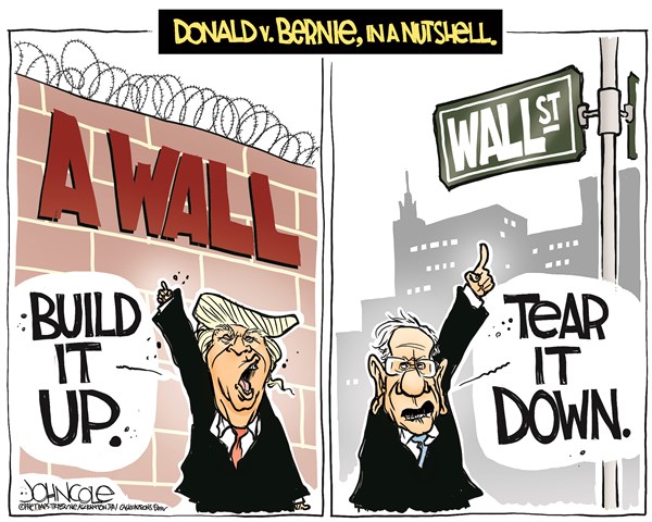 Editorial cartoon: Donald v. Bernie, in a nutshell