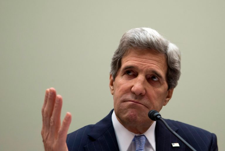 Secretary of State John Kerry testifies on Capitol Hill in Washington, Wednesday, April 17, 2013, before the House Foreign Affairs Committee hearing on the State Department's fiscal 2014 foreign affairs budget. (AP Photo/Carolyn Kaster)