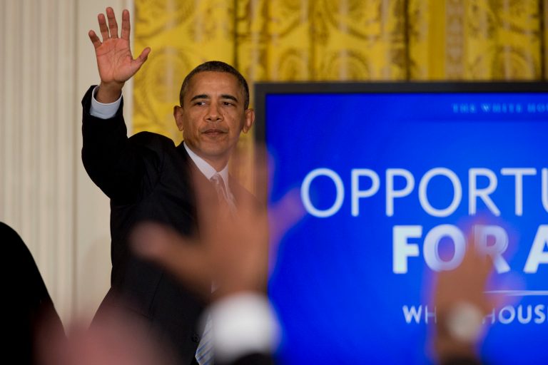 President Barack Obama waves as he leaves the East Room of the White House in Washington, Wednesday, Feb. 12, 2014, after signing an executive order to raise the minimum wage for federal contract workers during a ceremony. Wage increase to $10.10 an hour, goes into effect next year, and applies to new contracts and replacements for expiring contracts. (AP Photo/Jacquelyn Martin)