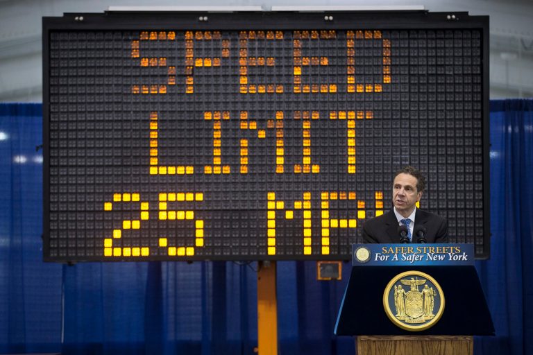 New York Gov. Andrew Cuomo speaks to the media during a news conference and bill signing that authorizes New York City to lower their speed limit, Saturday, Aug. 9, 2014, in New York. (AP Photo/John Minchillo)