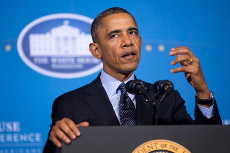 President Barack Obama speaks at the 2013 Tribal Nations Conference, Wednesday, Nov. 13, 2013, at the Interior Department in Washington. (AP Photo/ Evan Vucci)